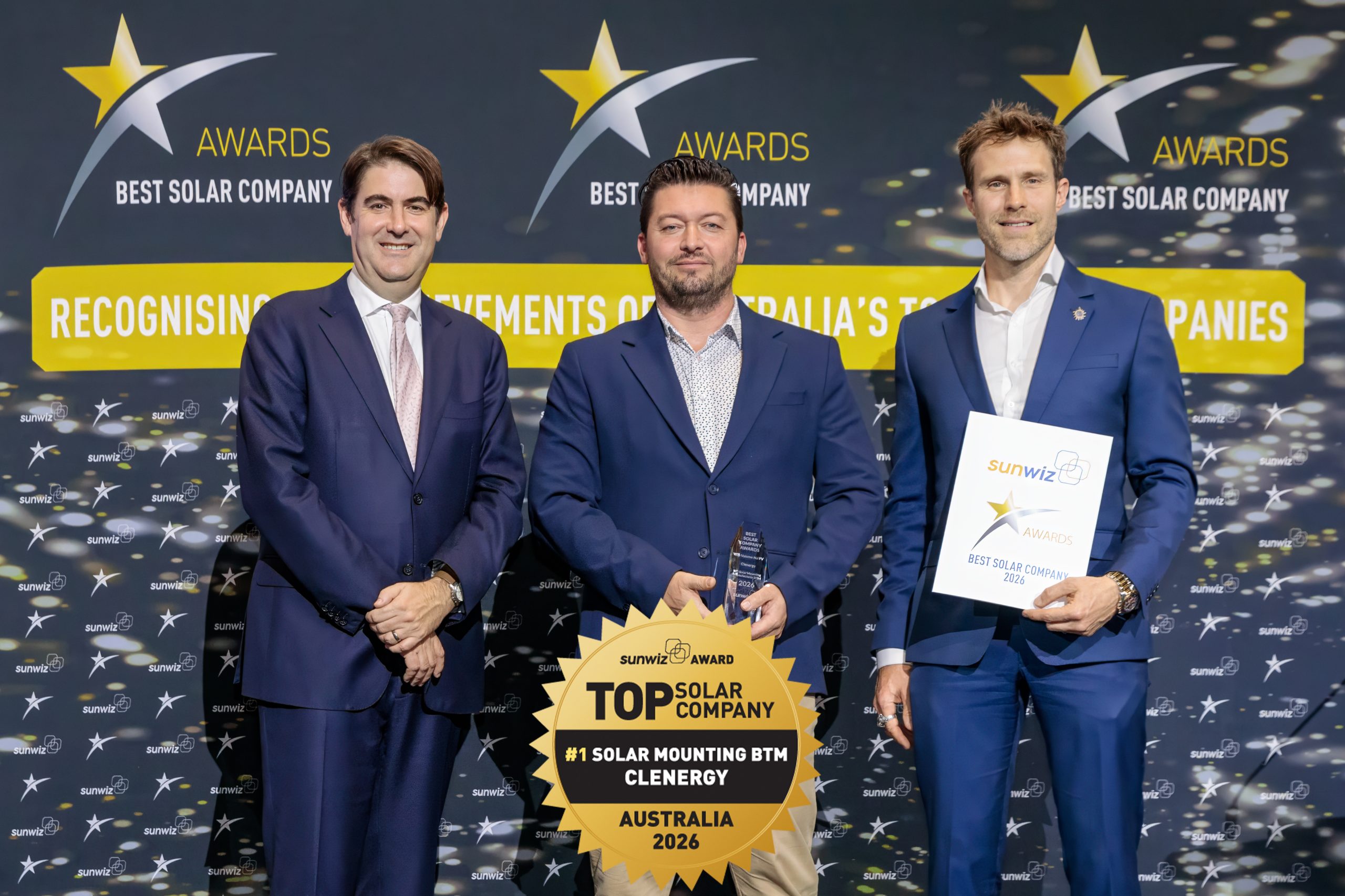 Clenergy accepting their 2026 SunWiz Award at the Smart Energy Conference, Sydney