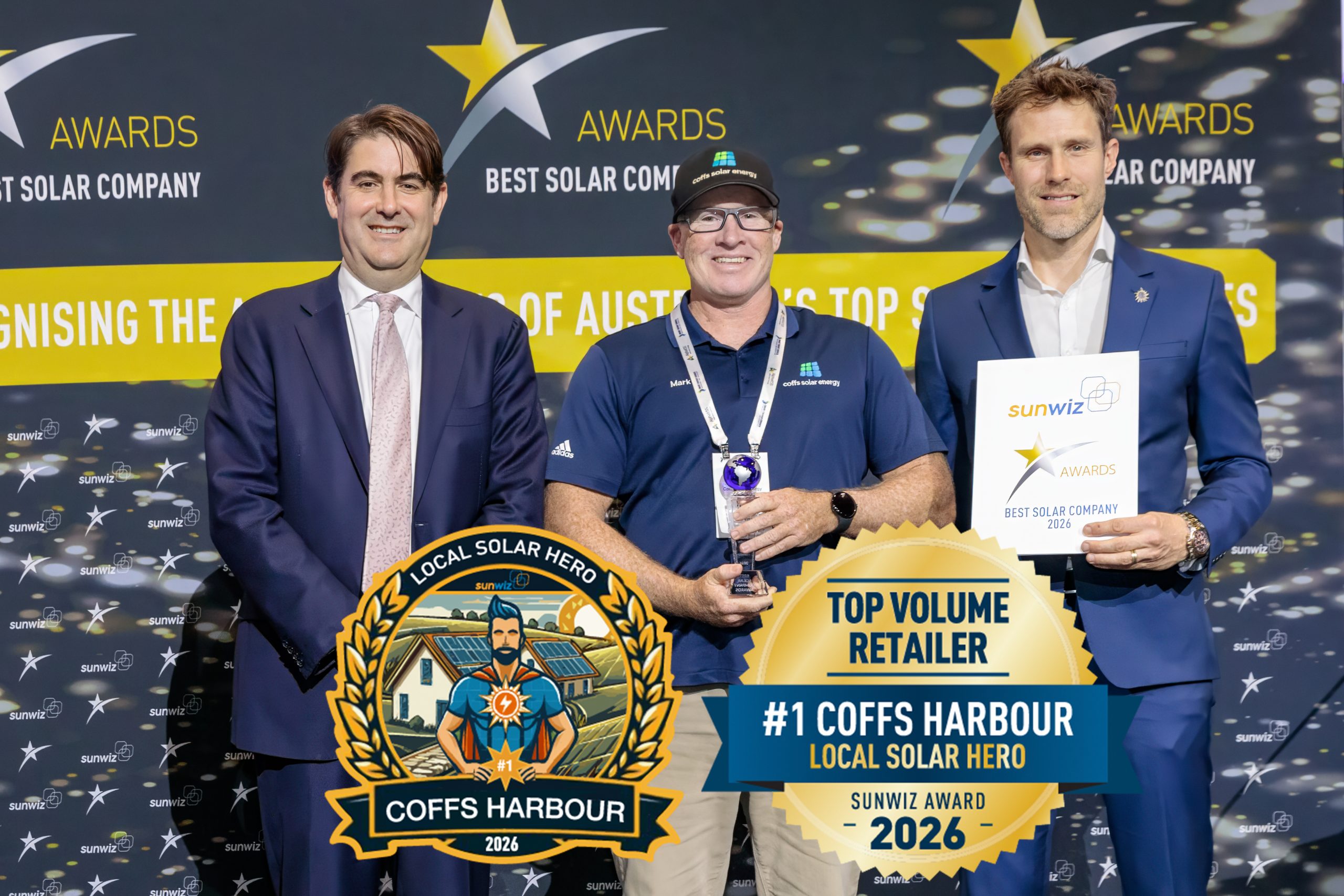Coffs Solar Energy accepting their 2026 SunWiz Award at the Smart Energy Conference, Sydney
