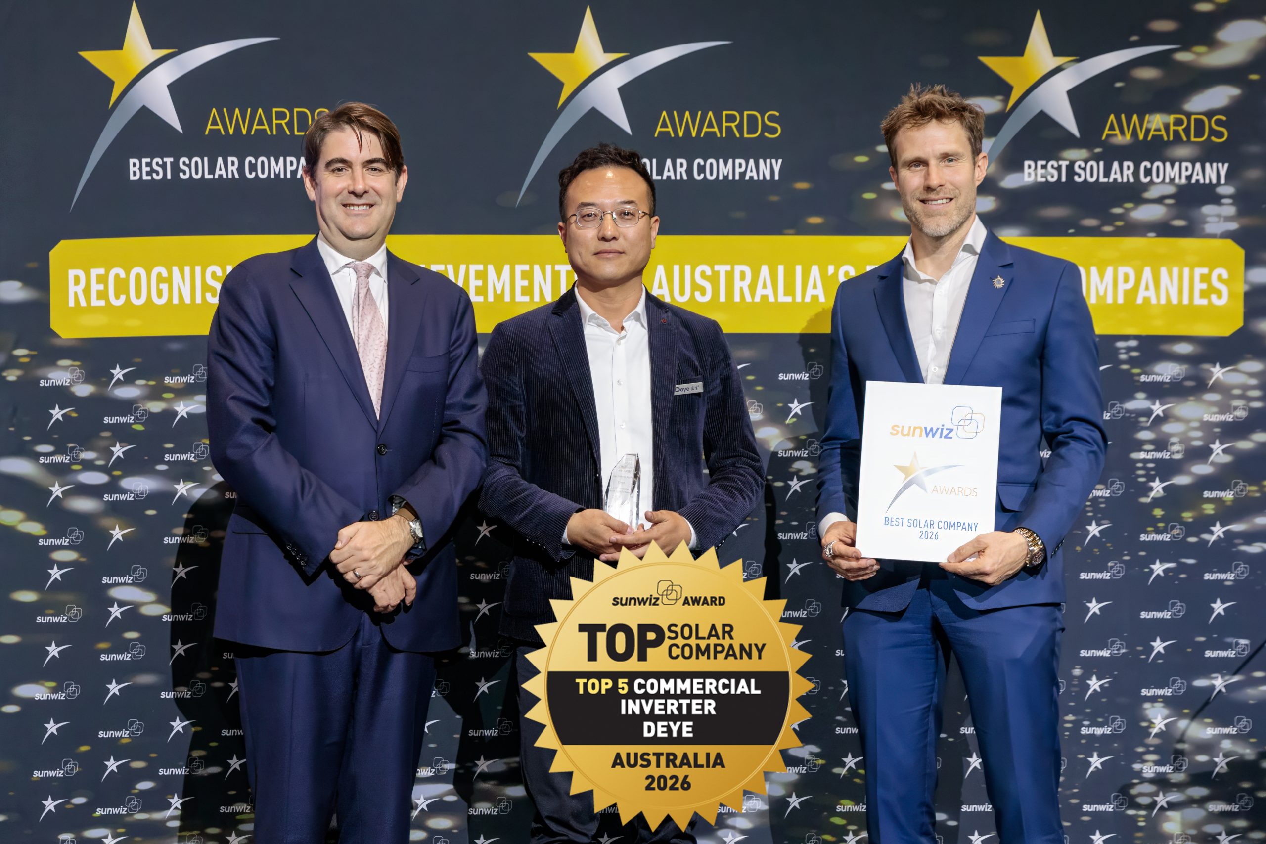 Deye accepting their 2026 SunWiz Award at the Smart Energy Conference, Sydney