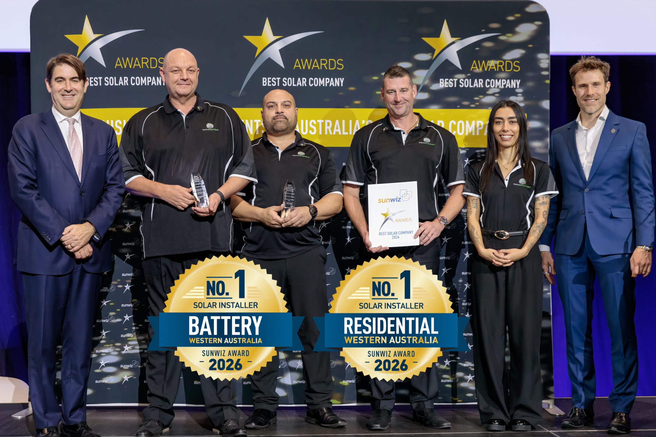 Perth Solar Force accepting their 2026 SunWiz Award at the Smart Energy Conference, Sydney