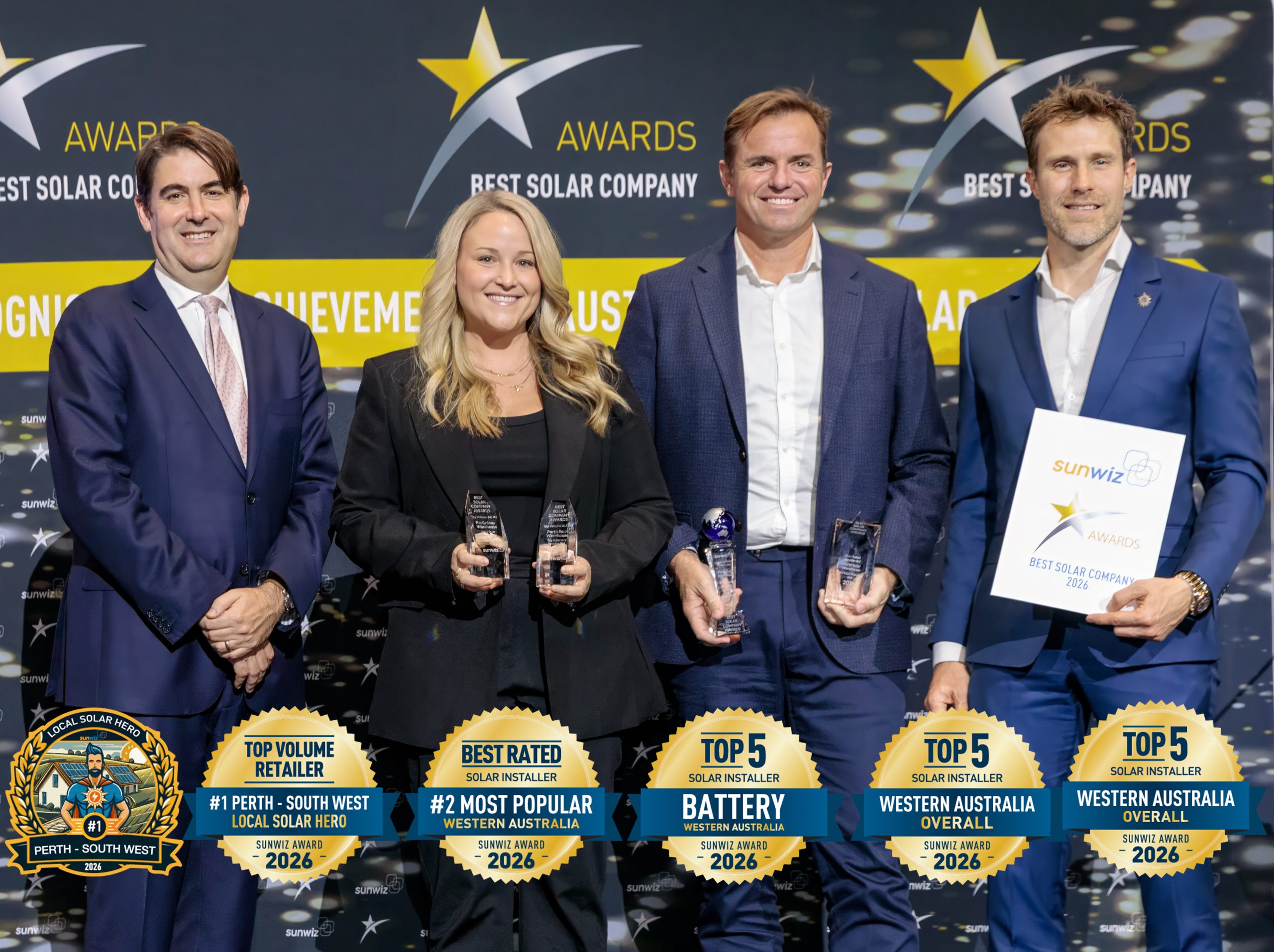 Perth Solar Warehouse accepting their 2026 SunWiz Award at the Smart Energy Conference, Sydney