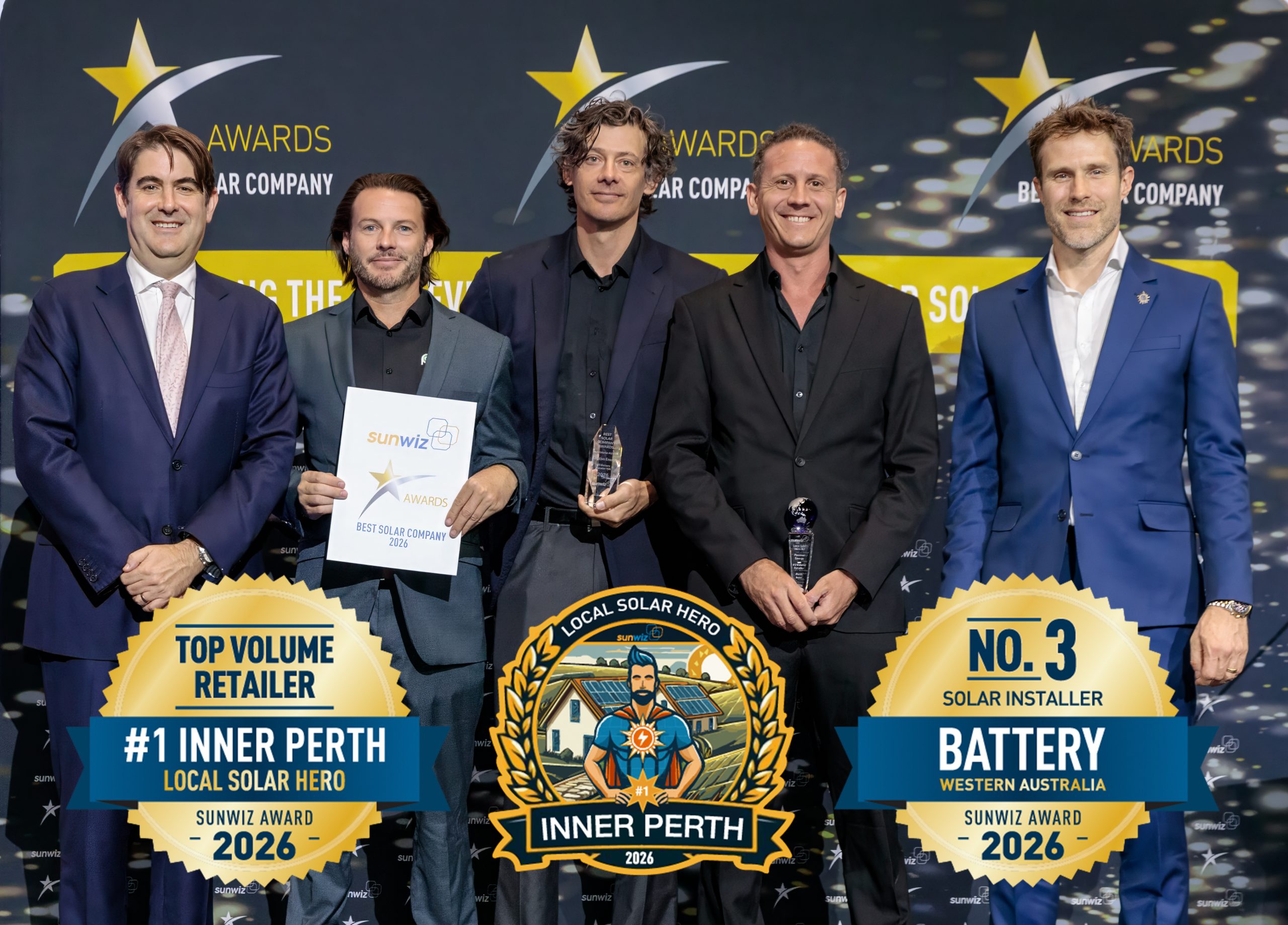 Positive Energy accepting their 2026 SunWiz Award at the Smart Energy Conference, Sydney