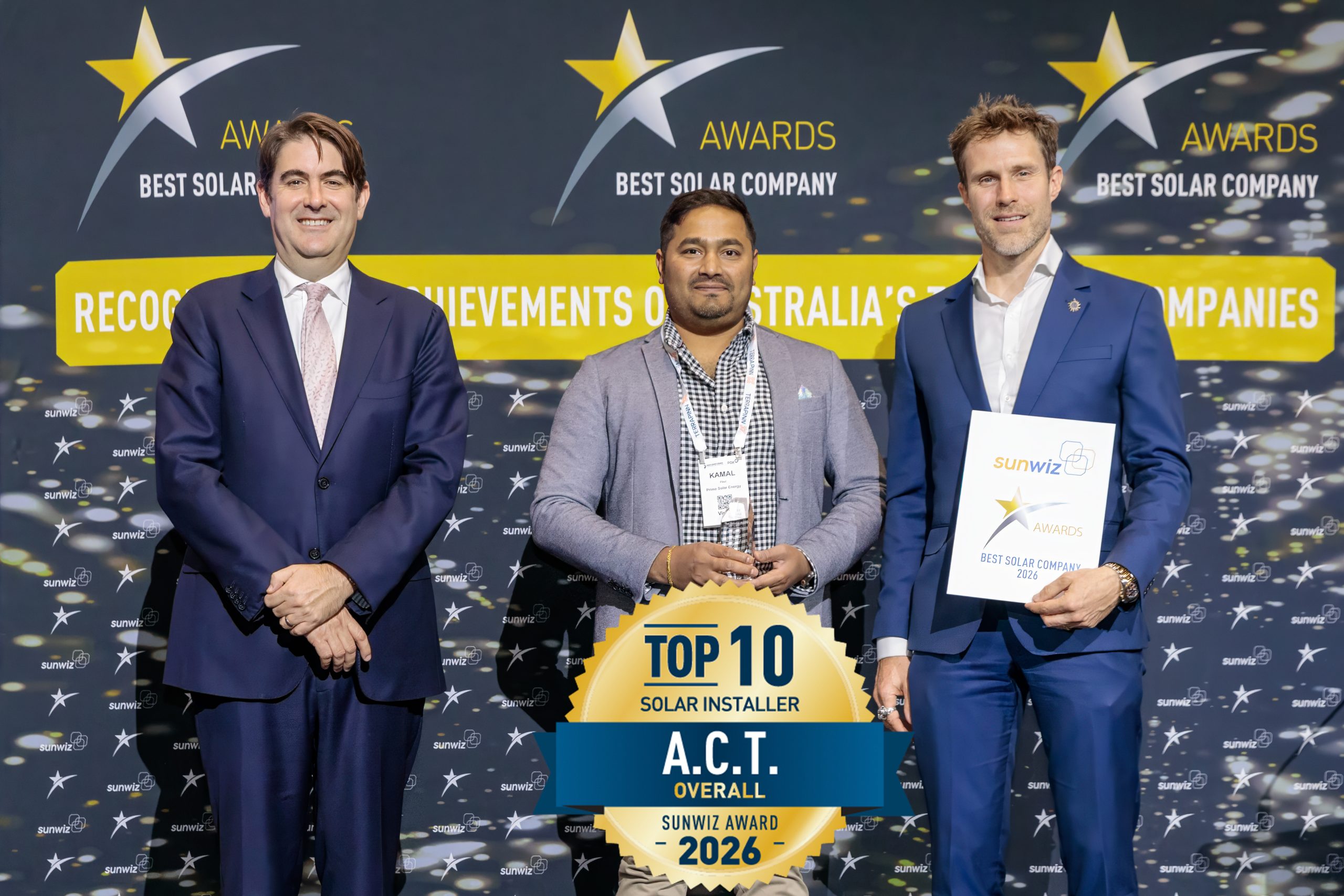 Prime Solar Energy accepting their 2026 SunWiz Award at the Smart Energy Conference, Sydney