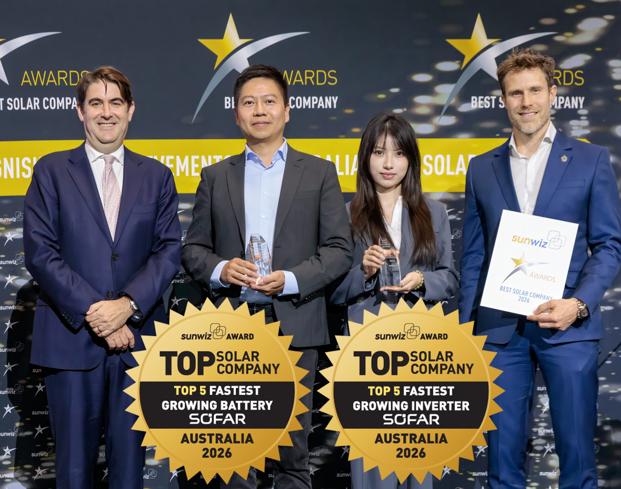 Sofar accepting their 2026 SunWiz Award at the Smart Energy Conference, Sydney