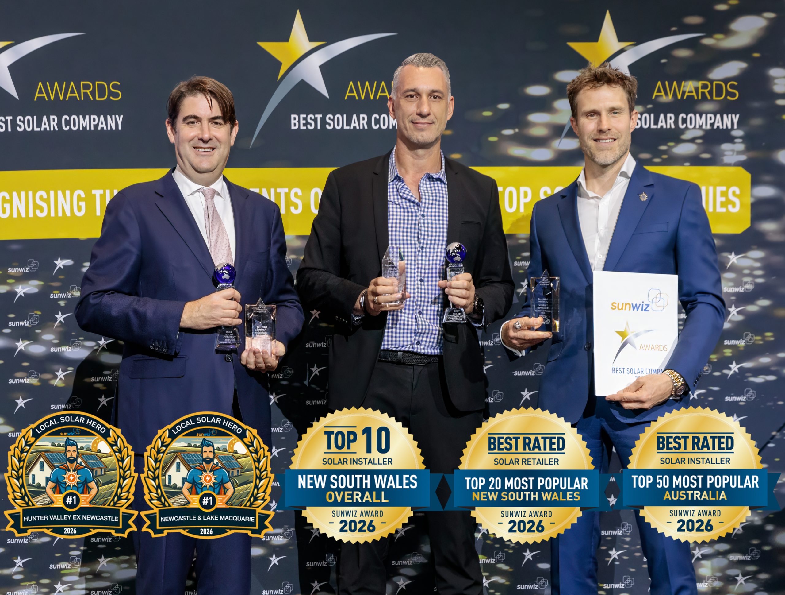 Solahart Newcastle accepting their 2026 SunWiz Award at the Smart Energy Conference, Sydney