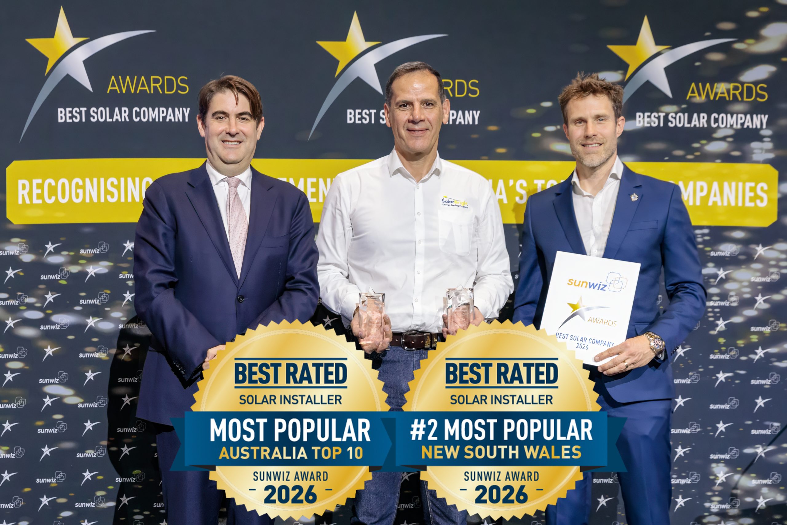Solar Bright accepting their 2026 SunWiz Award at the Smart Energy Conference, Sydney