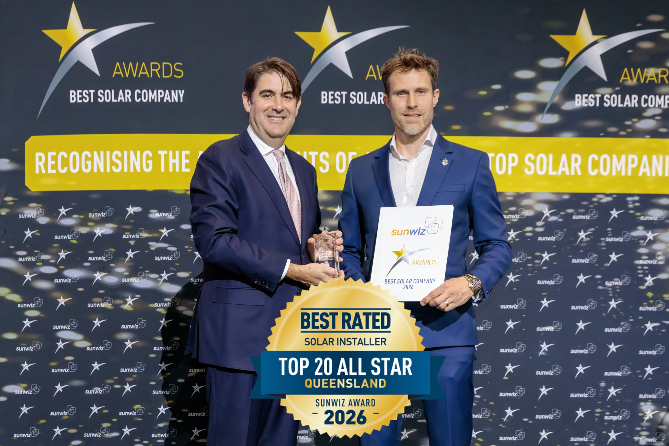 Sunny Sky Solar accepting their 2026 SunWiz Award at the Smart Energy Conference, Sydney