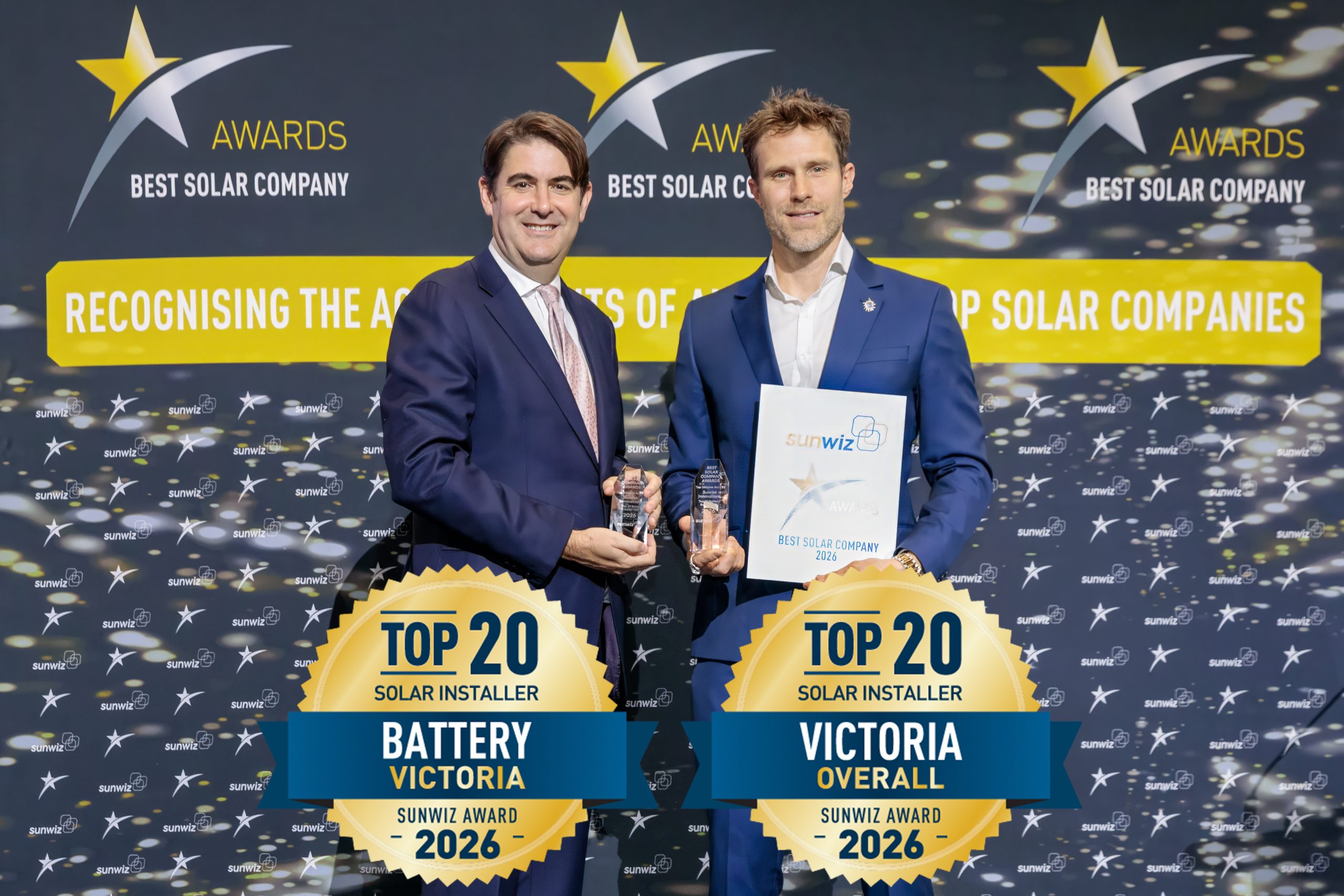 Sunrise Innovations accepting their 2026 SunWiz Award at the Smart Energy Conference, Sydney