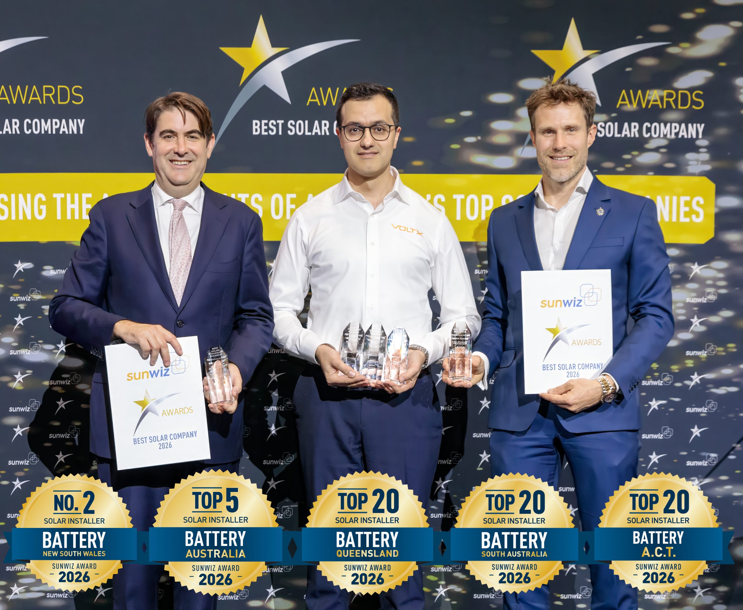 VoltX Energy accepting their 2026 SunWiz Award at the Smart Energy Conference, Sydney