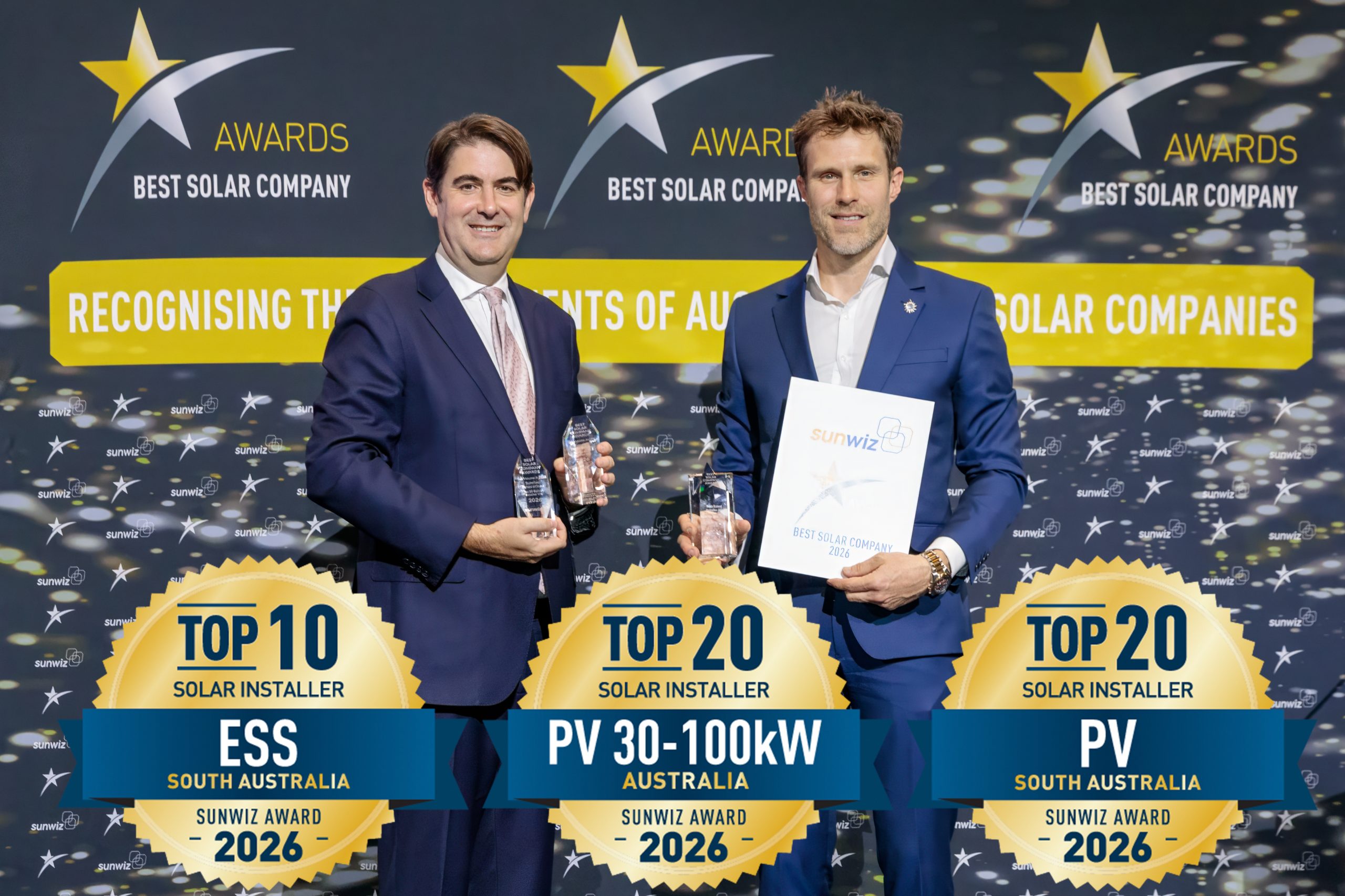 Class A Energy Solutions accepting their 2026 SunWiz Award at the Smart Energy Conference, Sydney