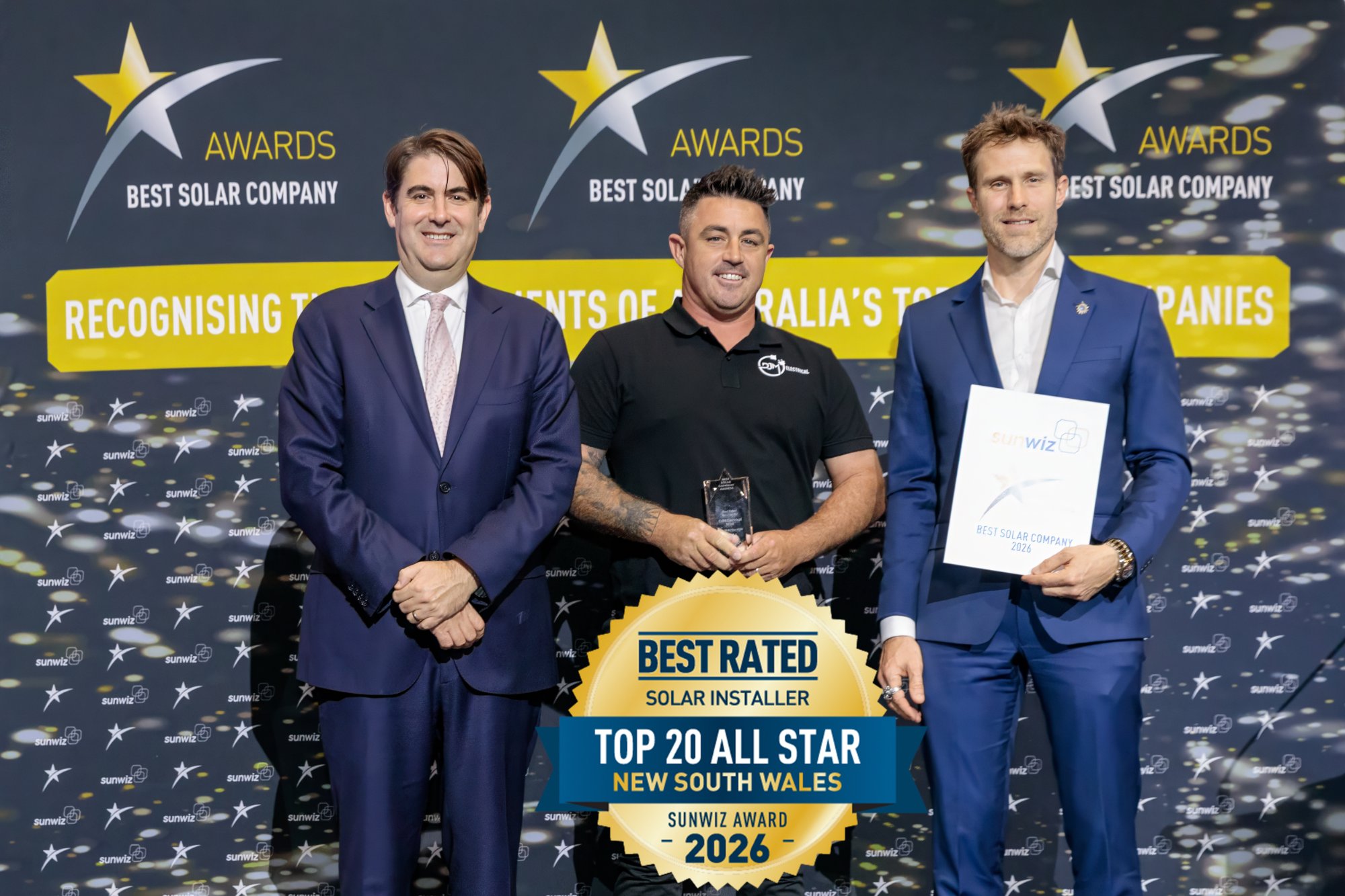DJM Electrical NSW accepting their 2026 SunWiz Award at the Smart Energy Conference, Sydney