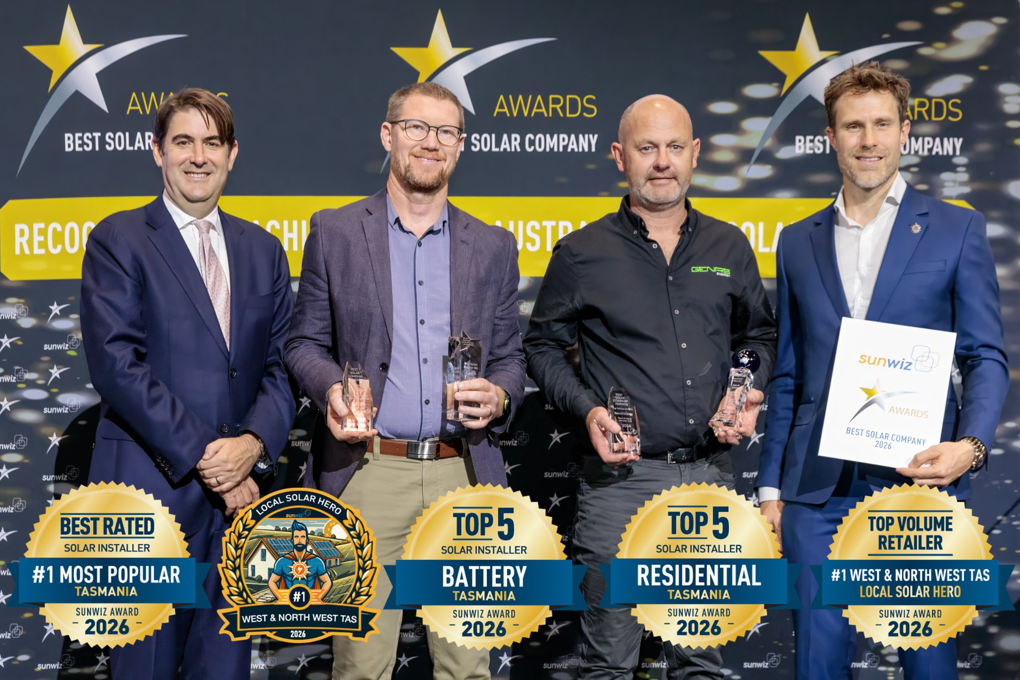Genr8 Energy accepting their 2026 SunWiz Award at the Smart Energy Conference, Sydney