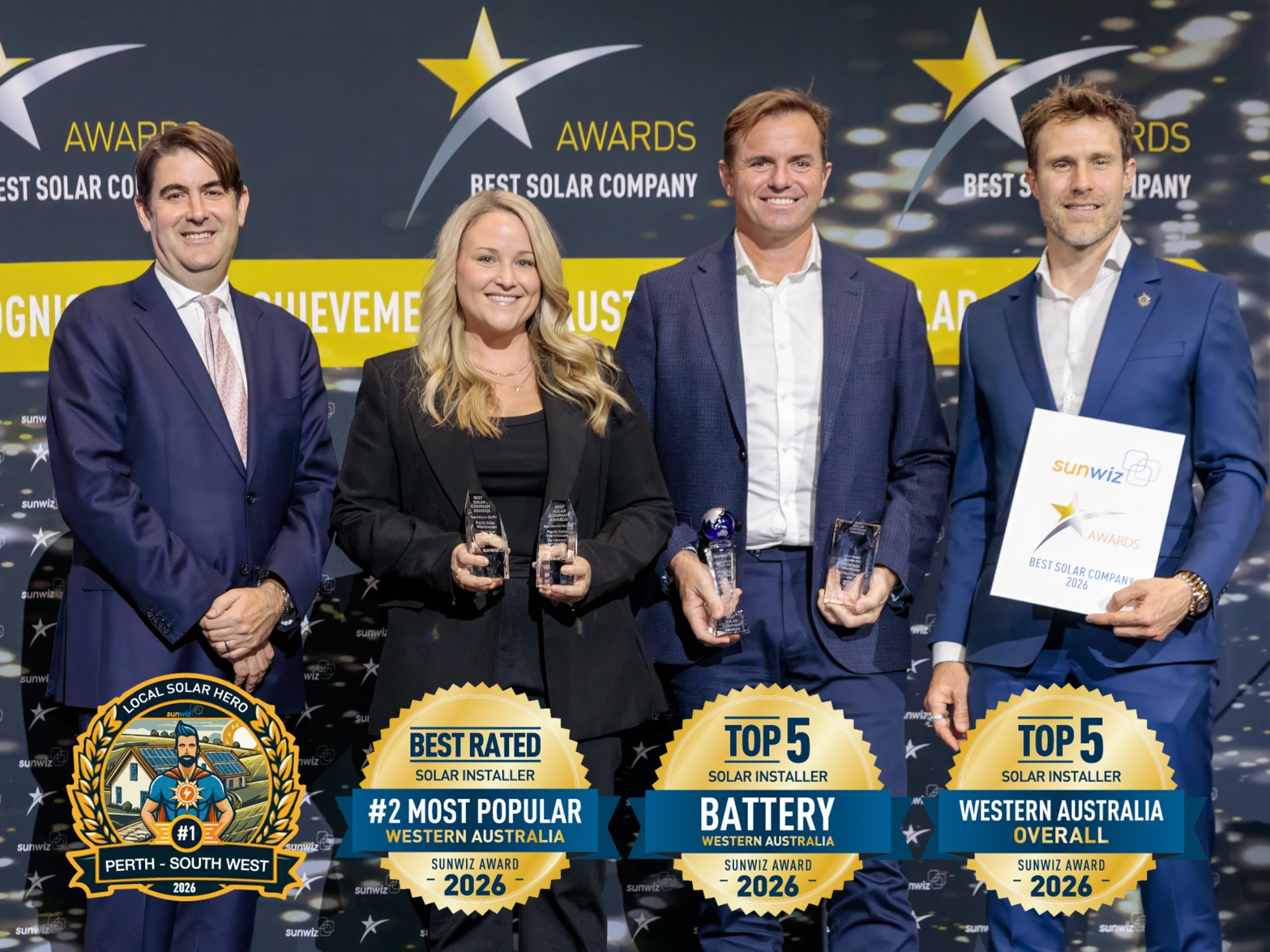 Perth Solar Warehouse accepting their 2026 SunWiz Award at the Smart Energy Conference, Sydney