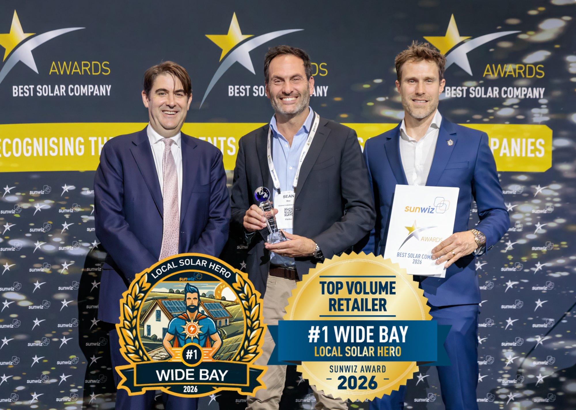 Solahart Fraser Coast accepting their 2026 SunWiz Award at the Smart Energy Conference, Sydney
