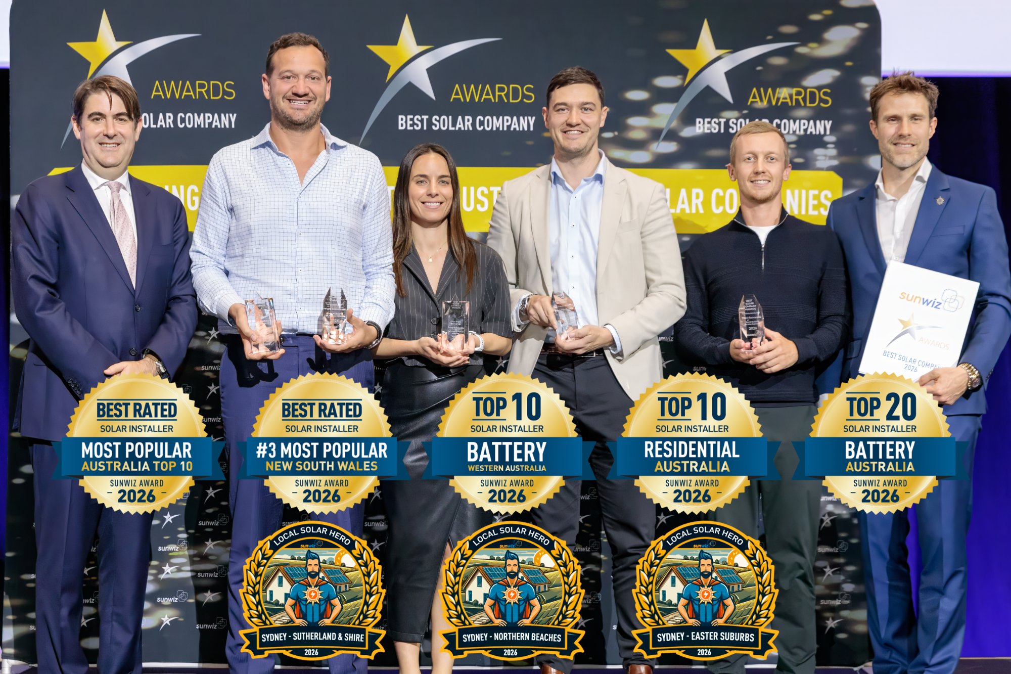 Think Renewable accepting their 2026 SunWiz Award at the Smart Energy Conference, Sydney